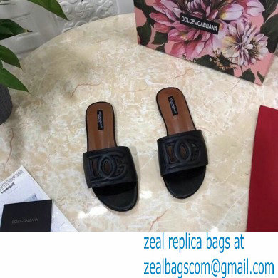 Dolce  &  Gabbana Calfskin Flat Sliders Black With DG Millennials Logo 2021